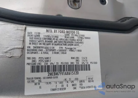 2010 Mercury Grand Marquis Ls (Fleet Only) z USA, uszkodzony, nr VIN 2MEBM7FV1AX615120